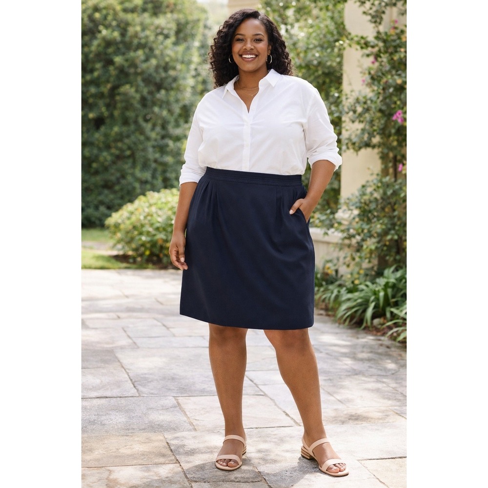 Ellen‎ Tracy Wool Blend Pleated Pencil Skirt 18 Navy Blue Professional Office